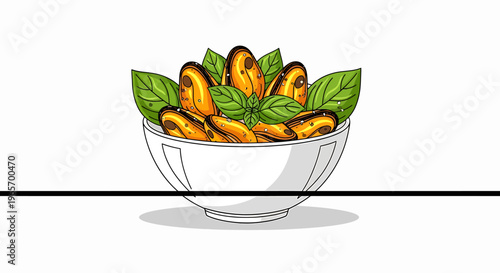 Delicious mussels with green leaves in a white bowl on table