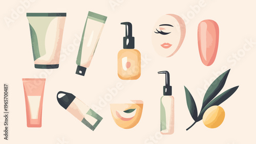 Minimalist vector illustration of skincare products including tubes, bottles, face mask, nail, cream jar, and olive branch on light background, beauty care concept