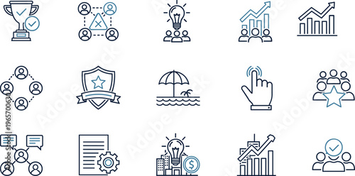 Vector illustration of 16 business icons—symbols for teamwork, innovation, success, planning, communication, leadership, analytics, and organizational growth reference