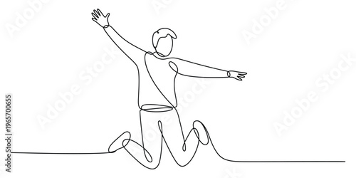 Continuous single line drawing of a joyful person jumping in the air with arms wide open in glee