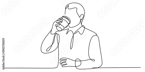 A continuous line drawing of a man holding a disposable cup to his mouth while taking a drink now