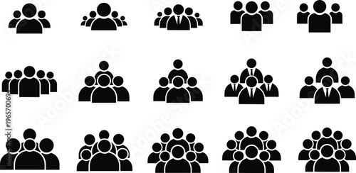 Vector illustration of 15 group icons—teamwork, leadership, organization, social structure, business roles, collaboration, and human resource design reference