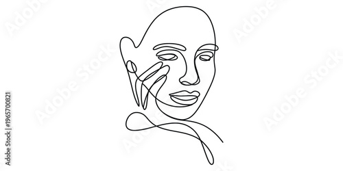 Minimalist continuous line drawing of a woman face with hand touching cheek in a modern style