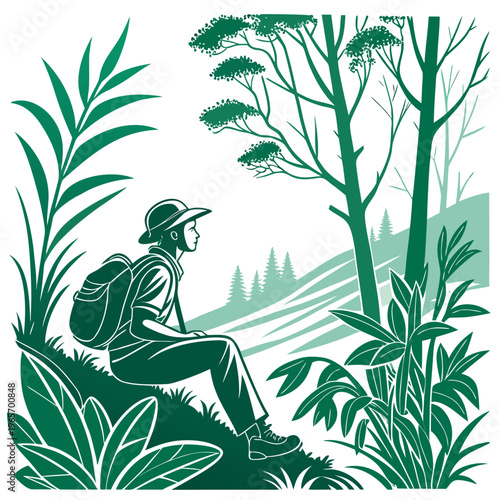 A person sitting on a hill looking out at a scenic view with trees and plants around them in a green illustration style