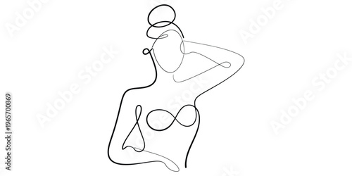Minimalist continuous line drawing of a woman with a high bun hairstyle posing gracefully for art