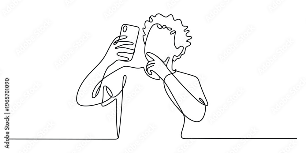 Fototapeta premium A continuous single line drawing of a person thinking while looking at a smartphone screen device