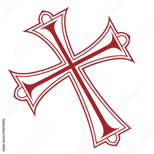 Ornate medieval cross vector illustration with curved arms and decorative loops at ends featuring red outline and white fill for religious designs