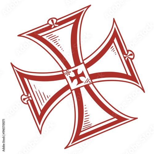 Maltese cross variant with central inset cross and decorative scrollwork elements in red hand drawn style for historical and heraldic applications