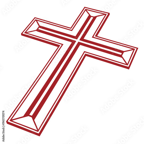 Three dimensional perspective christian cross vector with red bevelled edges and central stripe design for modern religious and spiritual concepts