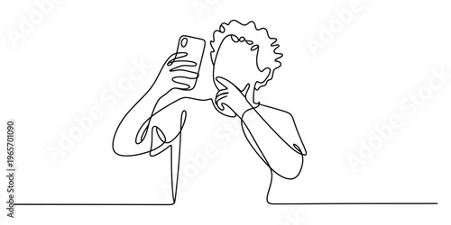 A continuous single line drawing of a person thinking while looking at a smartphone screen device