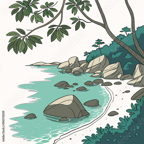 A serene beach scene with turquoise water, rocks, and lush greenery