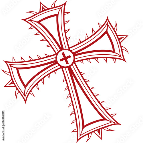 Pointed cross design with central medallion and thorn like spikes on outer edges representing suffering and strength in christian faith vector graphics