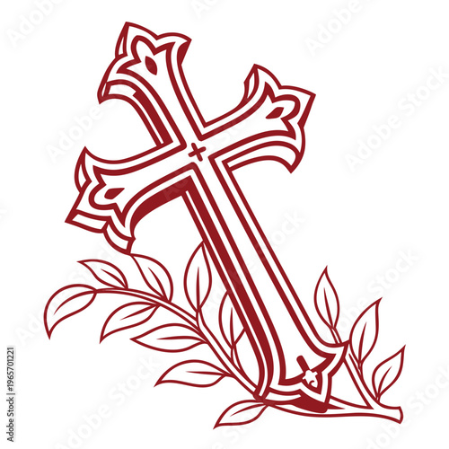 Fleur de lis style cross resting upon leafy olive branches signifying peace and reconciliation in religious art for church publications and bulletins