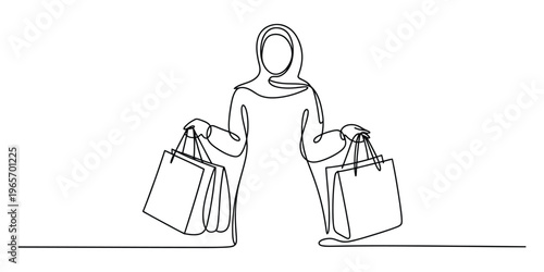 Continuous line drawing of a woman in a hijab carrying multiple shopping bags in her both hands