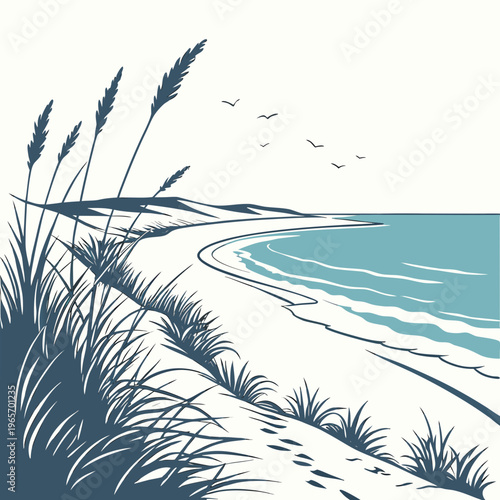 A serene beach scene with sand grass and water in a minimalist style with blue tones