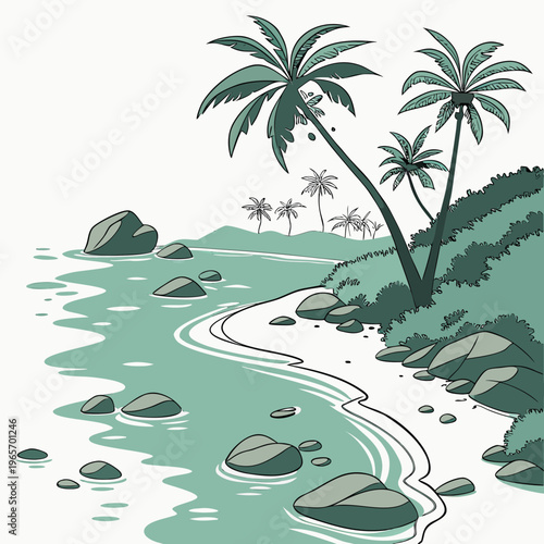 A serene tropical beach scene with palm trees and rocks on a white sandy shore by the sea