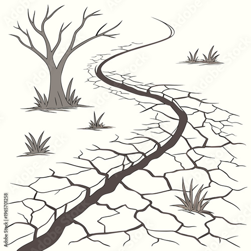 Illustration of a cracked earth landscape with a bare tree and dry grass on a beige background