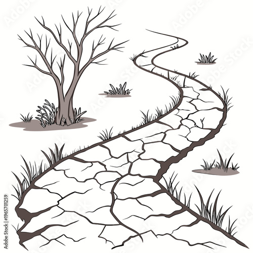 An illustration of a dry, cracked earth landscape with a bare tree and sparse grass