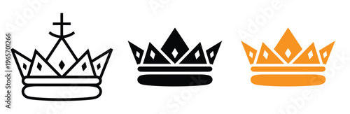 Three crown icons in black and orange on white background royalty symbols