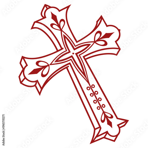 Ornate red christian cross with decorative flourishes and intricate patterns isolated on white background vector illustration