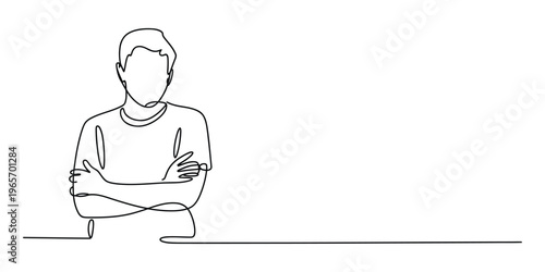 A minimalist single line drawing of a young man standing with his arms crossed in a confident pose