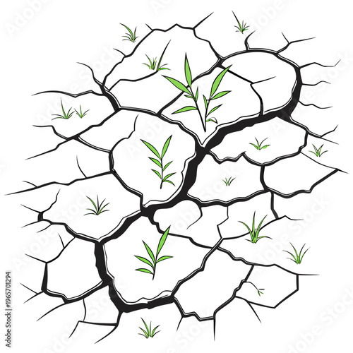 Vector illustration of cracked earth with green grass growing through the cracks