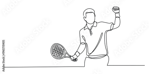A single continuous line drawing of a male tennis player celebrating a victory on the tennis court