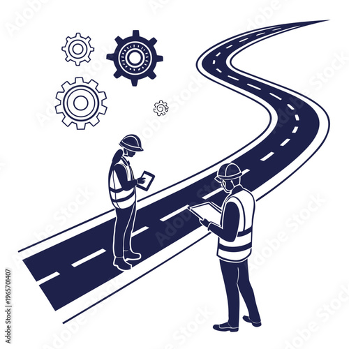 Two road workers in reflective vests and helmets standing on a winding road with gears