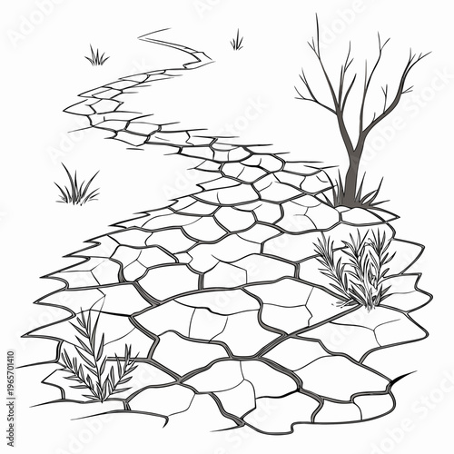 A black and white illustration of a dry, cracked earth landscape with a bare tree and grass