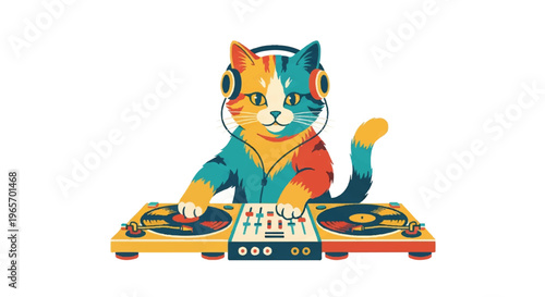 Cartoon cat dj mixing music with headphones and turntables