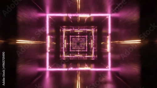 An endless, glowing, geometric tunnel with pink and gold neon lights receding into the distance, creating a sense of futuristic motion