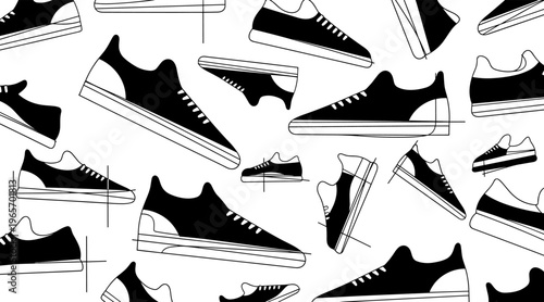 Casual sneakers scattered across white background surface, no seamless