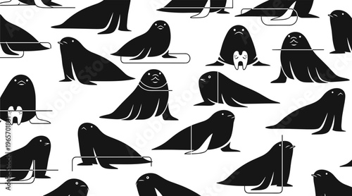 Seal silhouettes resting in repeating pattern on white, no seamless