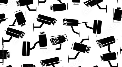 Surveillance cameras arranged in repeating pattern on white, no seamless