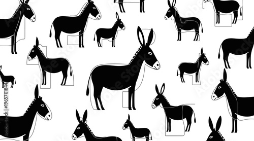 Donkey figures repeated across white patterned background, no seamless