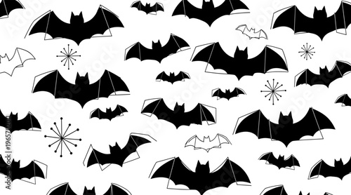 Bat silhouettes flying across white seamless pattern background, no seamless