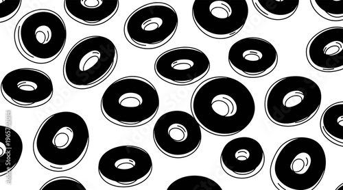 Assorted circular donut shapes scattered on white background, no seamless