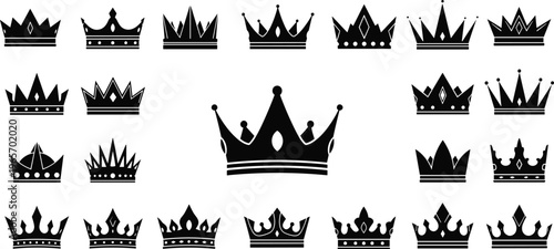 Vector illustration of 21 crown silhouettes—royal symbol reference for luxury, monarchy, heraldry, fashion, authority, elegance, and graphic design