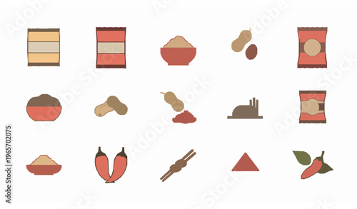Minimal snack icon set with packaging bag mixture food peanuts and noodles vector collection