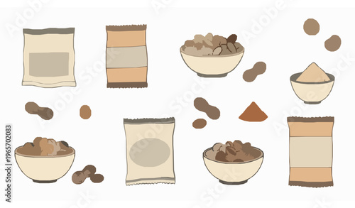 Hand drawn snack food vector set with packaging bags and spicy mixture doodle illustration