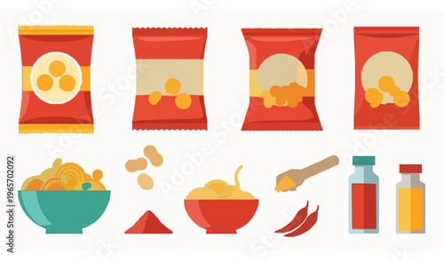 Snack packaging vector set with spicy mixture peanuts noodles and food elements flat design