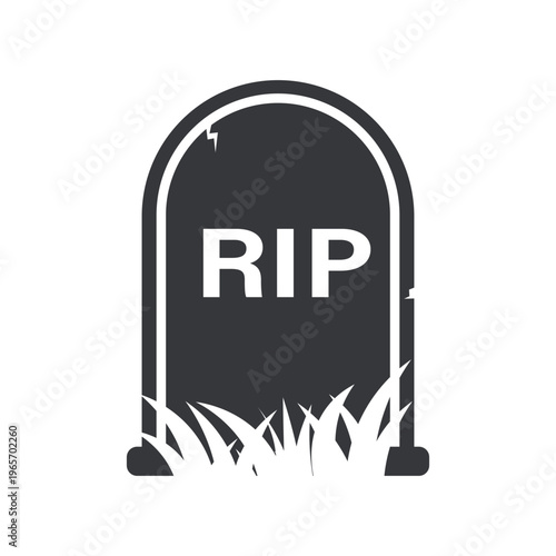 Isolated pictogram of worn gravestone with RIP text and grass below representing burial site, remembrance, death symbol, and cemetery environment concept