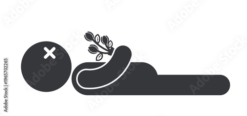 Isolated pictogram of person lying holding bouquet representing deceased, funeral context, memorial symbolism, and death indication in simplified visual form