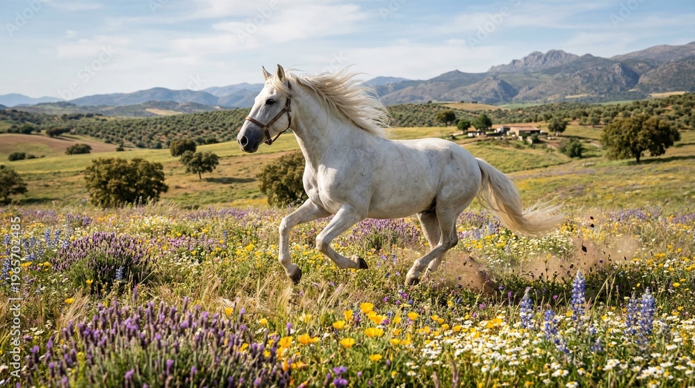 Fototapeta premium Beautiful white horse galloping in blooming summer field. Fast running grey stallion in meadow with lavender and wildflowers. Natural landscape, freedom and vitality concept.