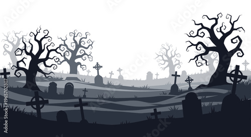 Spooky Halloween Cemetery Landscape with Silhouetted Trees and Gravestones