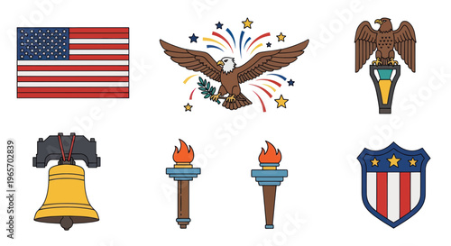 USA Patriotic Symbols Collection: Flag, Eagle, Liberty Bell, Torches, Shield