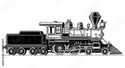 Vintage Steam Locomotive Train - Black and White Illustration