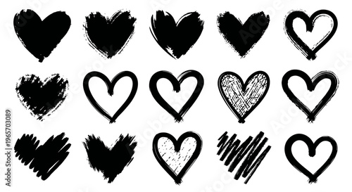 Hand-drawn heart shapes collection, black ink brush strokes, vector icons