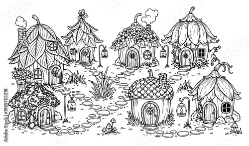Fantasy fairy village coloring page with cute enchanted cottages and playful magical details