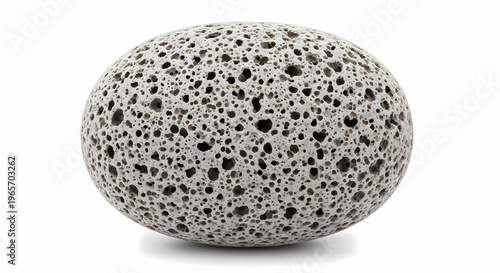 Close-up of a single, light grey, oval-shaped pumice stone with a highly porous and textured surface, isolated on a white background.
